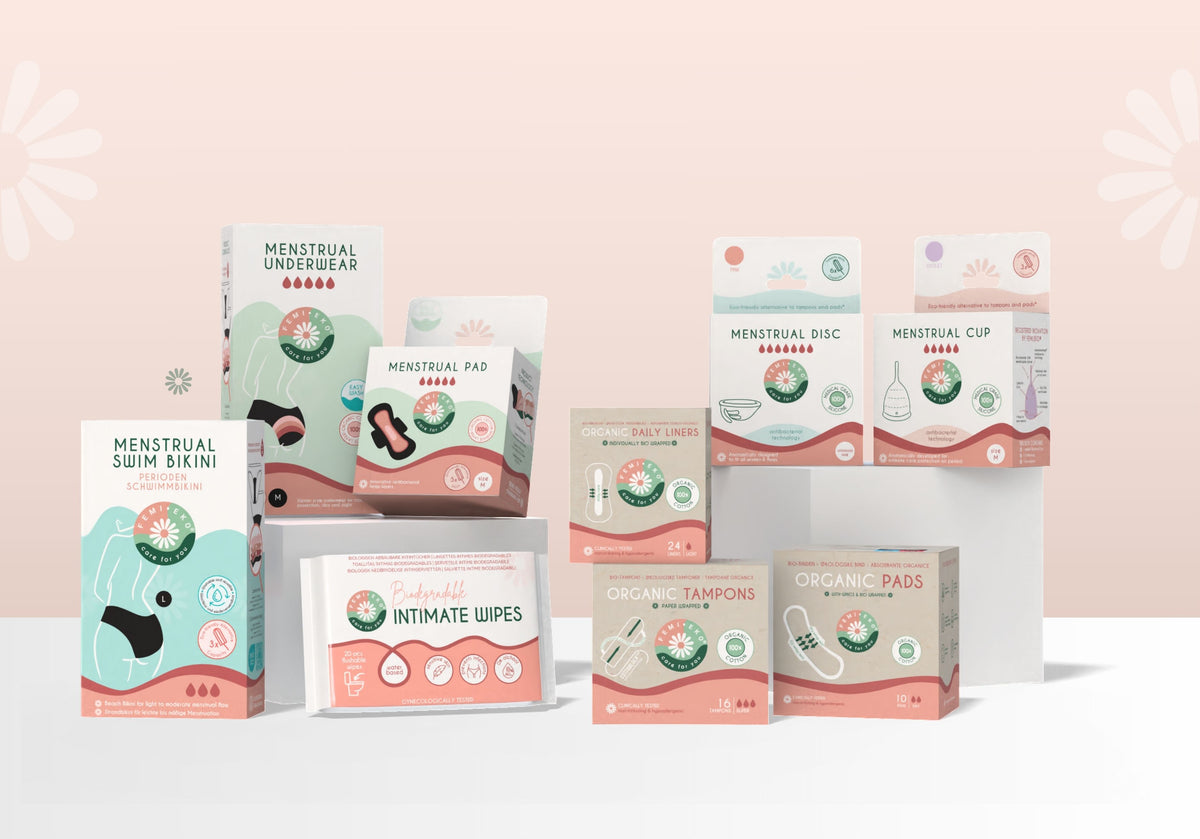 Femieko-produkter: menstruationstrusser, bind, tamponer, menstruationsdisk og menstruationskop