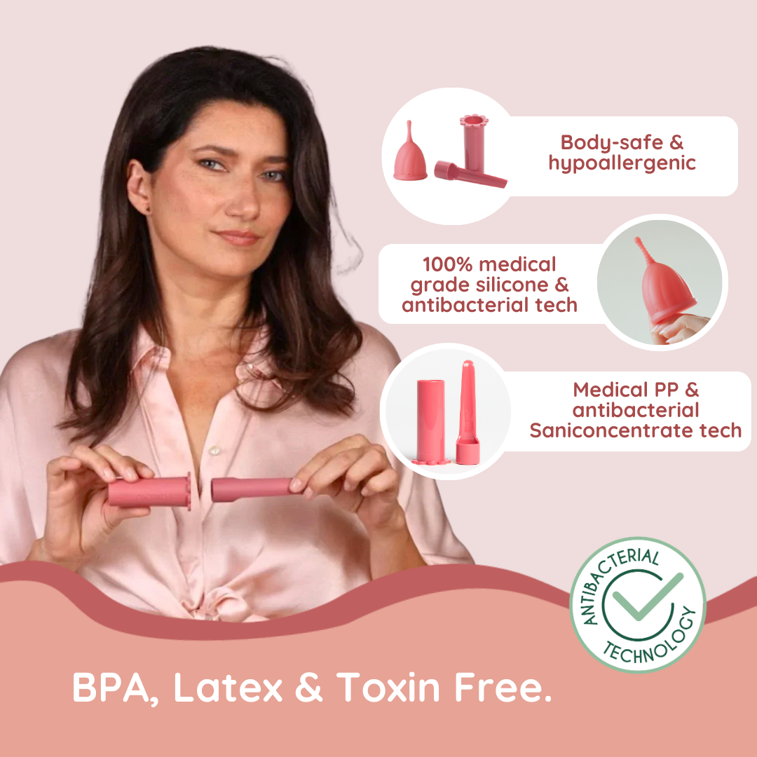 laekagesikker menstruationskop med guidet indfoering | leakproof menstrual cup with guided insertion

menstruationskop og applikator med 99.99 procent antibakteriel beskyttelse | menstrual cup and applicator antibacterial protection
