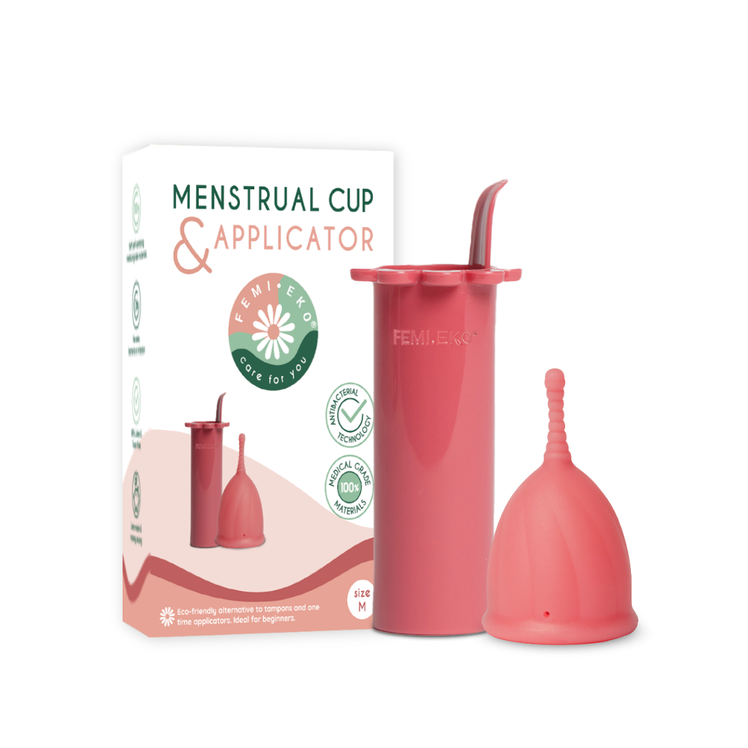 Femieko menstruationskop og applikator saet med Saniconcentrate Technology i emballage | antibacterial menstrual cup and applicator set packaging