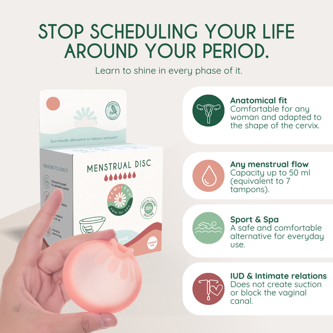 femieko Universal Hard menstruationsdisk med fast kant | firm menstrual disc for secure fit