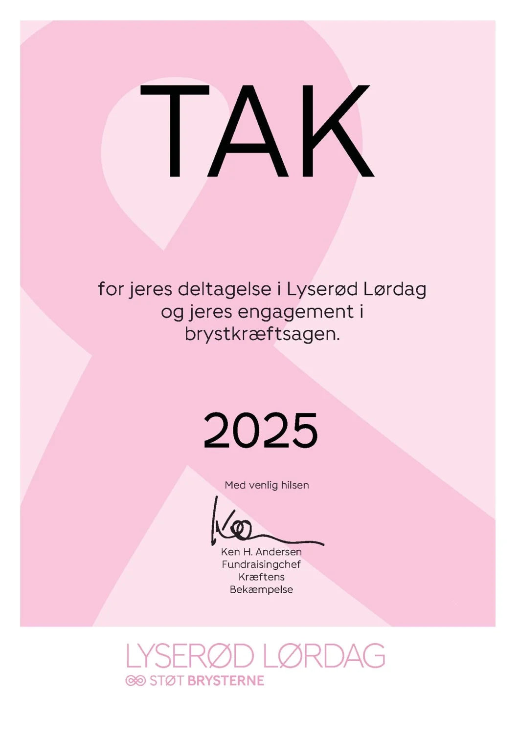 Takkebrev fra Kræftens Bekæmpelse for deltagelse i Lyserød Lørdag 2025