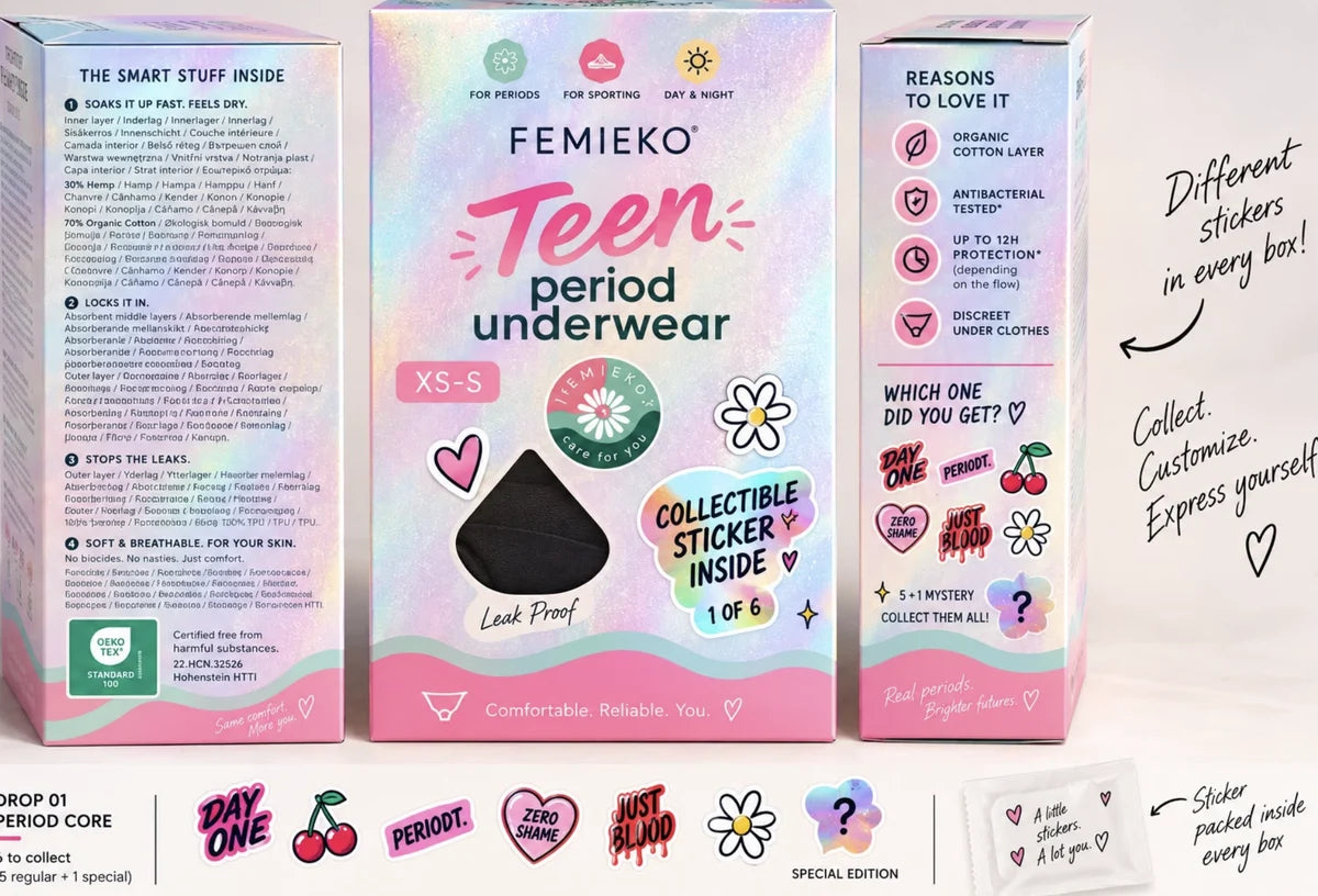 Femieko Teen-emballage og samlerklistermærker i det originale design